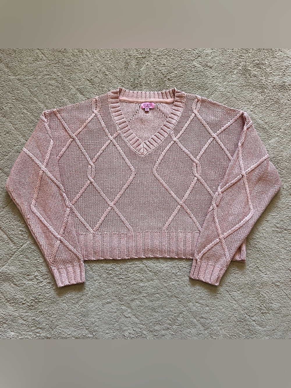 Francesca's Mi Ami Diamond Cable Knit Sweater Cropped Cottage Preppy Sz M